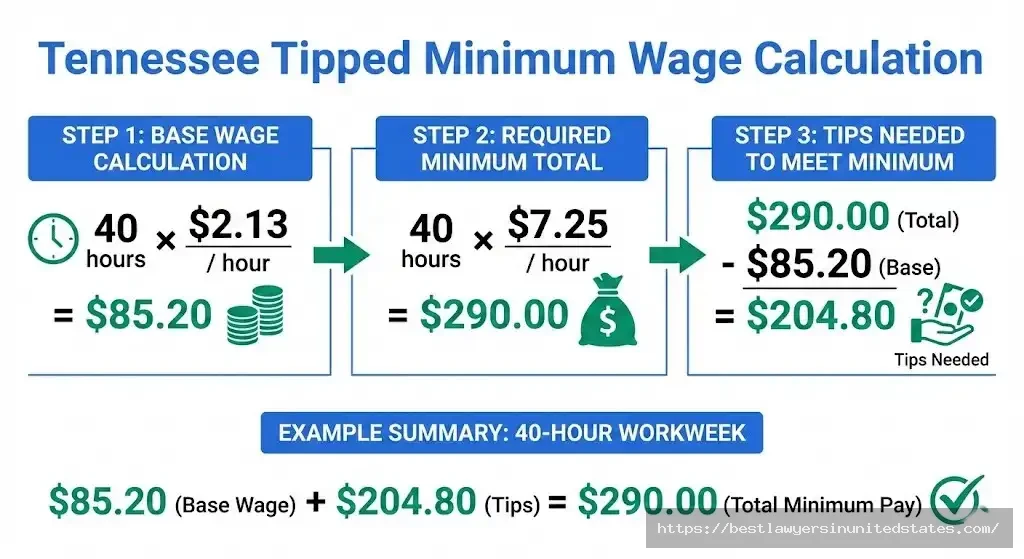 Tennessee tipped minimum wage calculation showing $2.13 base wage plus tips must equal $7.25 hourly