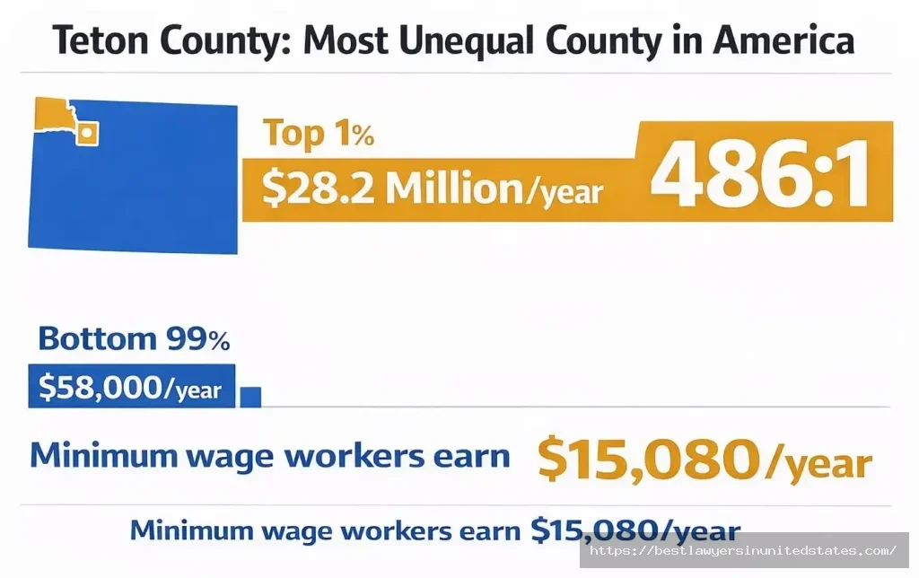 Teton County Wyoming income inequality infographic showing top 1% earn $28.2M versus bottom 99% earning $58K annually
