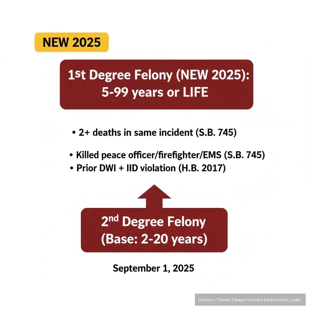 Texas 2025 intoxication manslaughter enhanced penalties showing 1st degree felony for multiple deaths