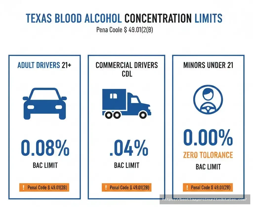 Texas BAC limits chart 0.08% adults, 0.04% commercial drivers, 0.00% minors under 21