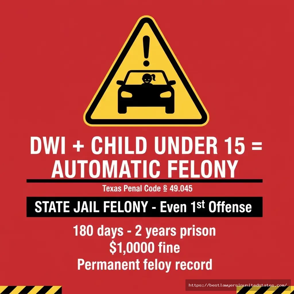 Texas DWI child passenger felony warning showing automatic felony for children under 15