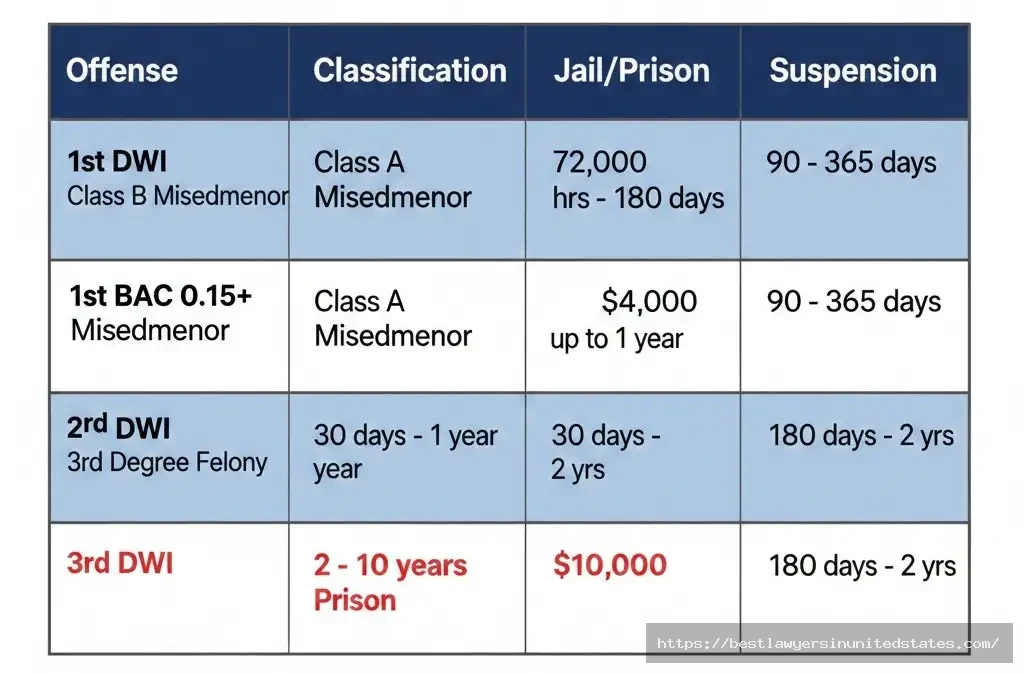 Texas DWI penalty table showing jail time, fines and suspensions for 1st, 2nd and 3rd offenses
