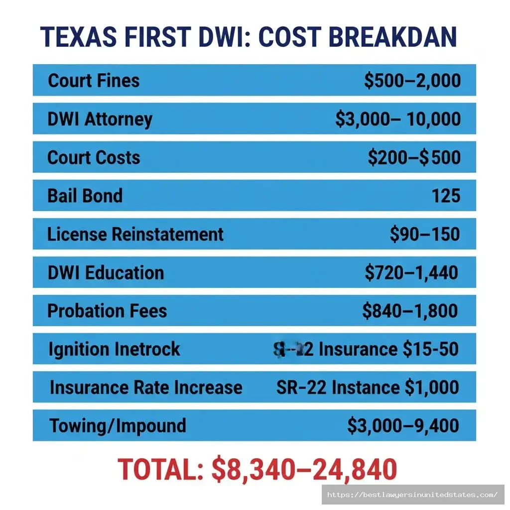 Texas DWI total cost breakdown showing $8,340-$24,840 expenses including fines, attorney, insurance