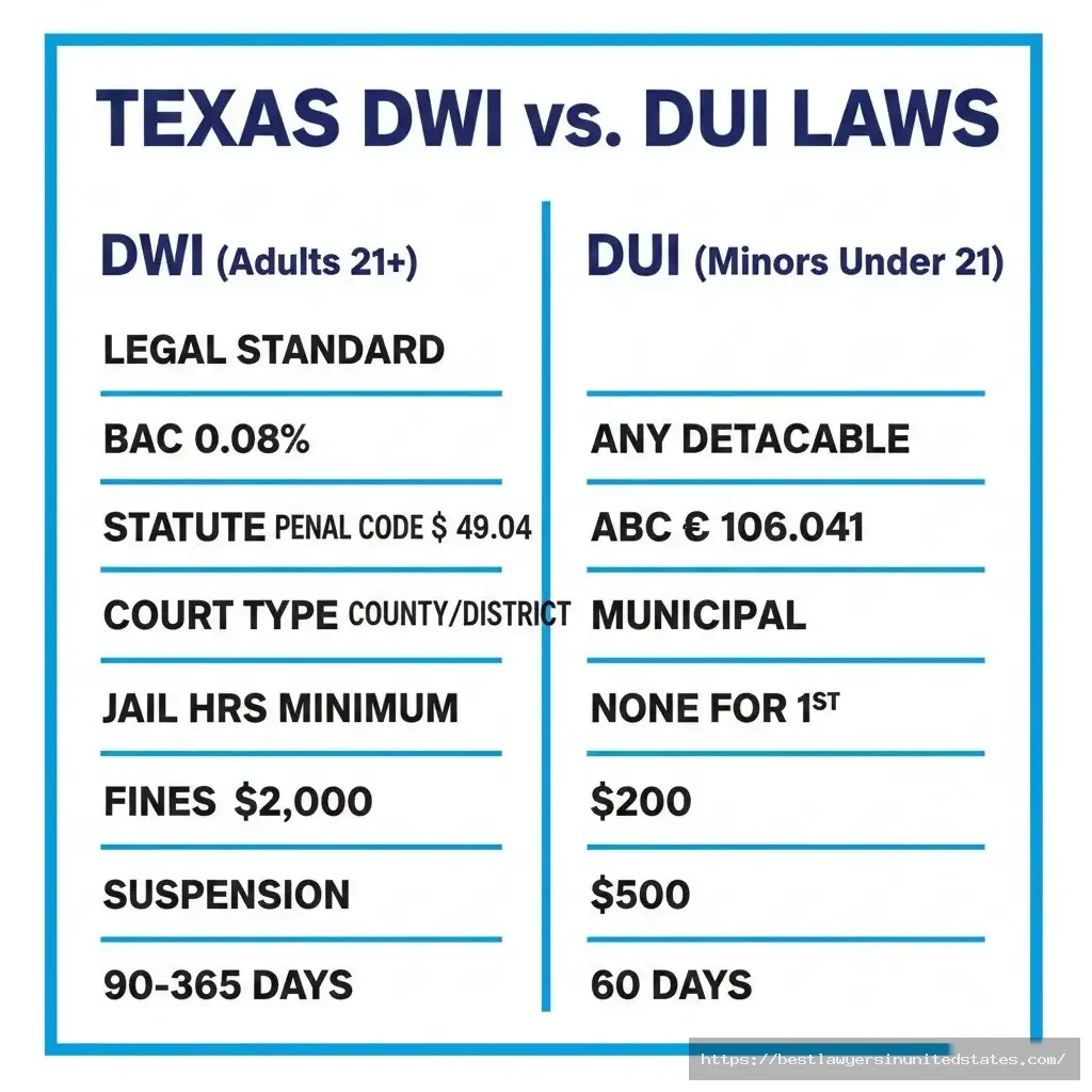 Texas DWI vs DUI comparison chart showing adult versus minor penalties and legal standards
