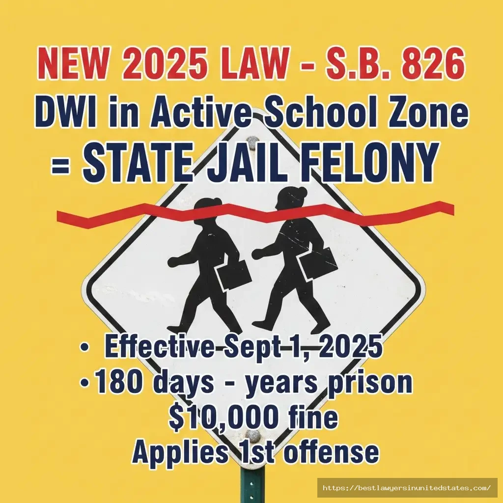 Texas Senate Bill 826 school zone DWI felony law effective September 2025 warning graphic
