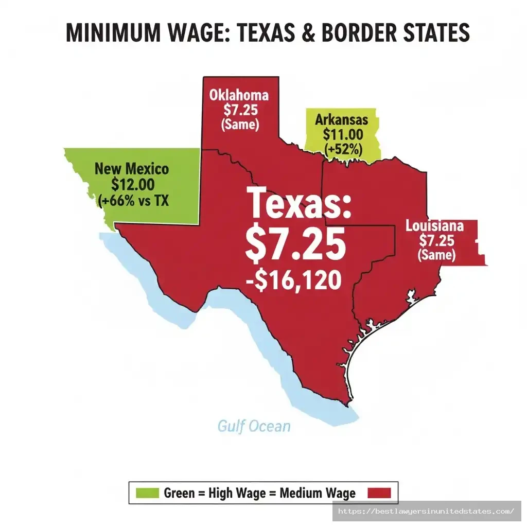 Texas and border states minimum wage comparison showing New Mexico 66% higher at $12 per hour