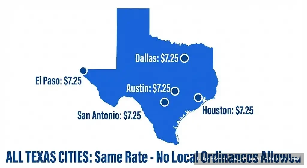 Texas cities minimum wage map showing all cities at $7.25 per hour with no local variations