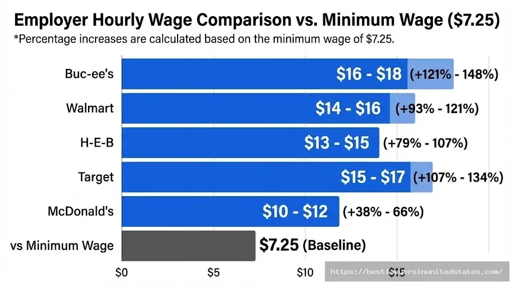 Texas employer wages comparison showing major companies pay $10-18 per hour vs $7.25 minimum