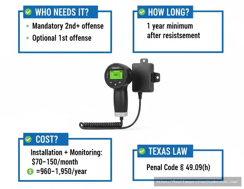 Texas ignition interlock device requirements showing mandatory installation and $960-$1,950 annual costs