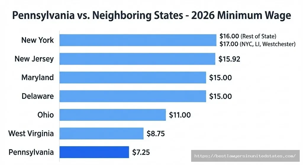 Texas minimum wage comparison chart showing $7.25 rate versus neighboring states in 2026