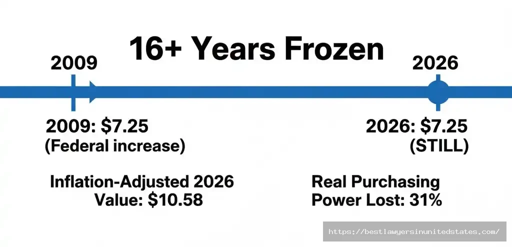 Texas minimum wage history timeline showing $7.25 unchanged since 2009 with 31% purchasing power loss