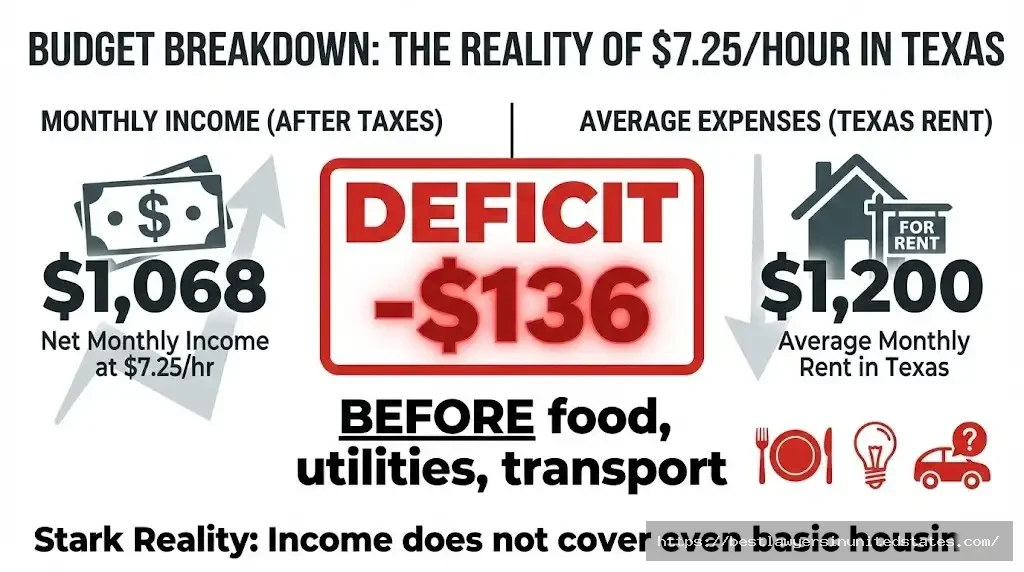 Texas minimum wage monthly budget showing $136 deficit before basic expenses beyond rent