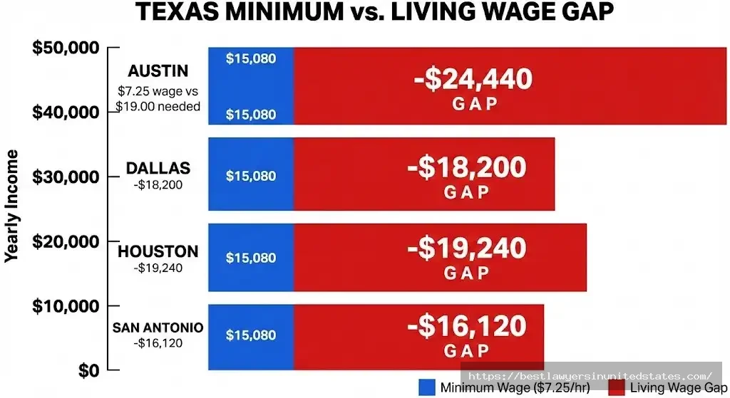 Texas minimum wage vs living wage gap by city showing $16,000-24,000 annual shortfall