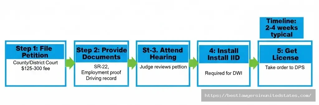 Texas occupational license application process flowchart showing 5 steps and 2-4 week timeline