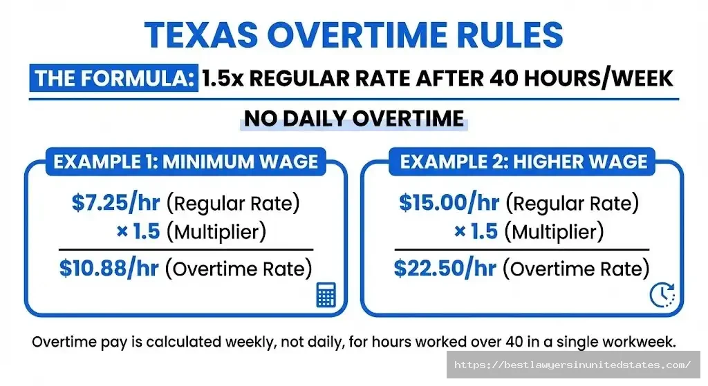 Texas overtime pay calculation showing 1.5x rate after 40 hours per week with examples
