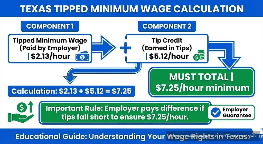 Texas tipped minimum wage explained showing $2.13 base wage with tip credit to reach $7.25