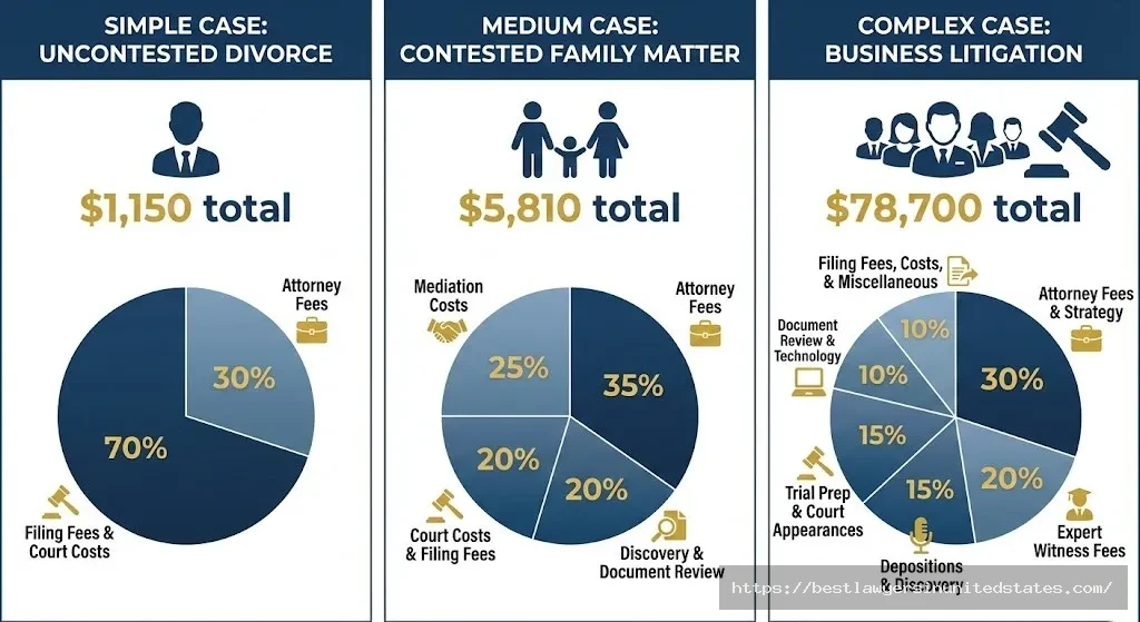 Three real-life Rhode Island divorce case studies showing itemized cost breakdowns from simple uncontested to complex contested cases
