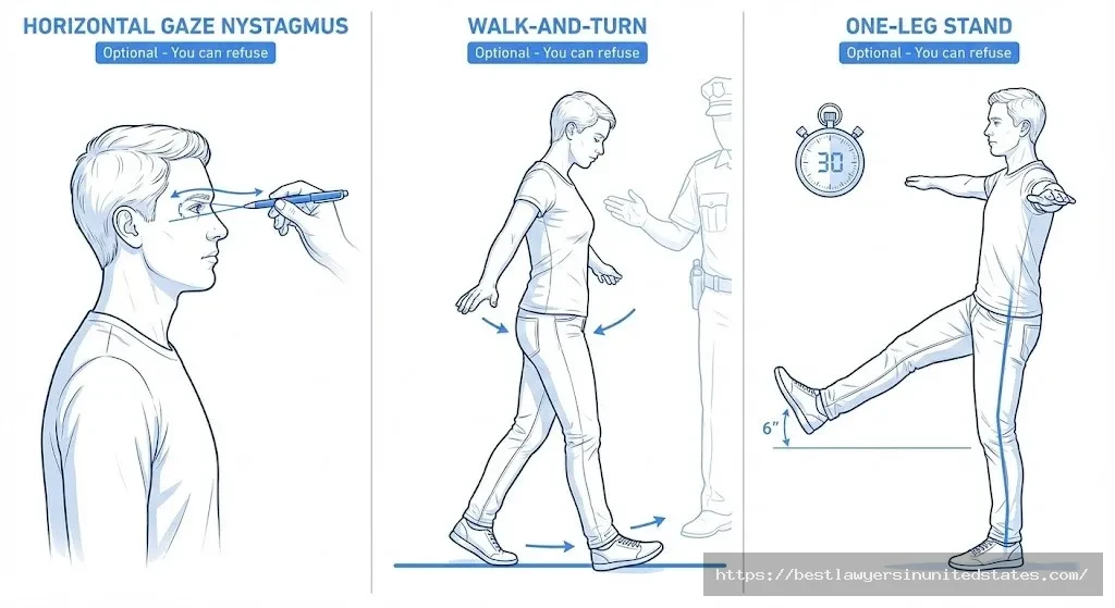 Three standardized field sobriety tests illustration showing eye test, walk-turn, and one-leg stand