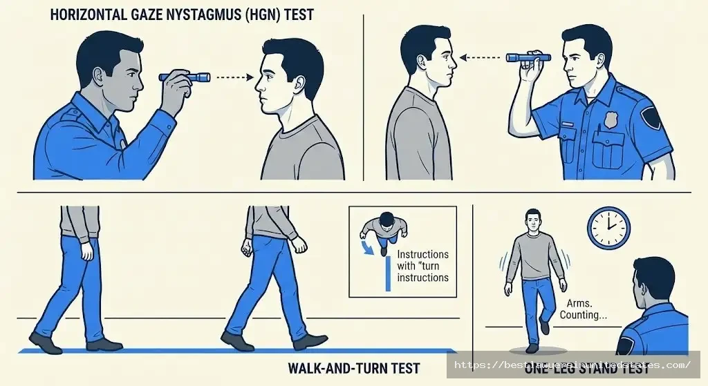 Three standardized field sobriety tests used by Connecticut police HGN, walk-and-turn, one-leg stand