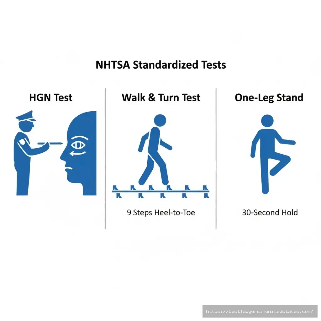 Three standardized field sobriety tests used by Indiana police HGN eye test, walk-and-turn, one-leg stand