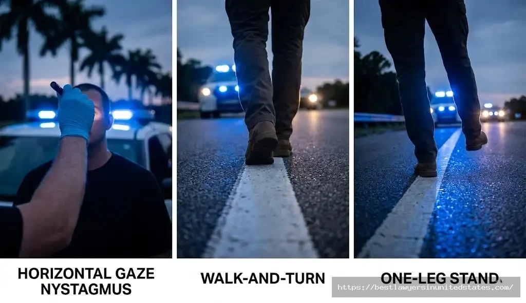 Three standardized field sobriety tests used in Florida DUI stops HGN, walk-and-turn, one-leg stand