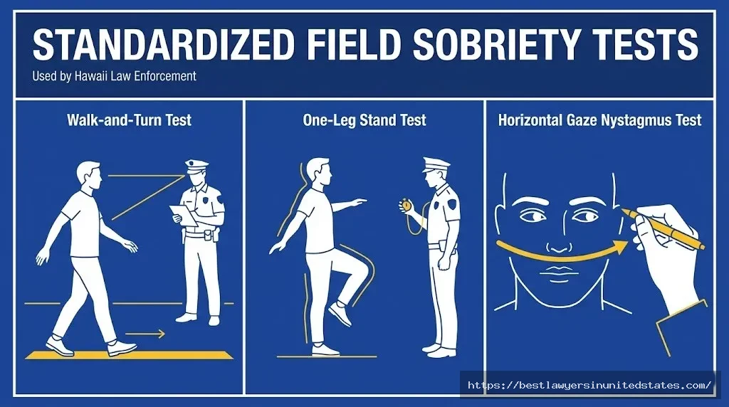 Three standardized field sobriety tests used in Hawaii DUI arrests walk-and-turn, one-leg stand, HGN test