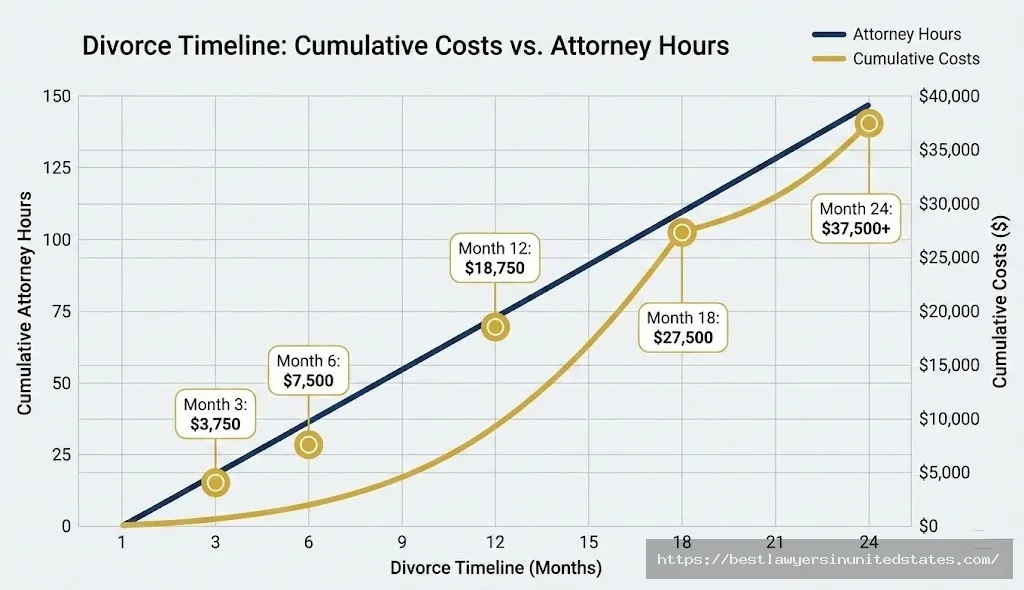 Timeline chart showing exponential relationship between divorce duration and costs from $3,750 at 3 months to $37,500 at 24 months in West Virginia