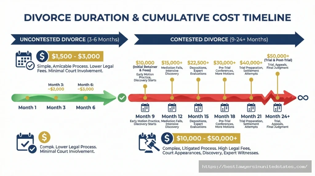 Timeline comparison showing how Delaware divorce duration affects total costs from 3 months to 24+ months