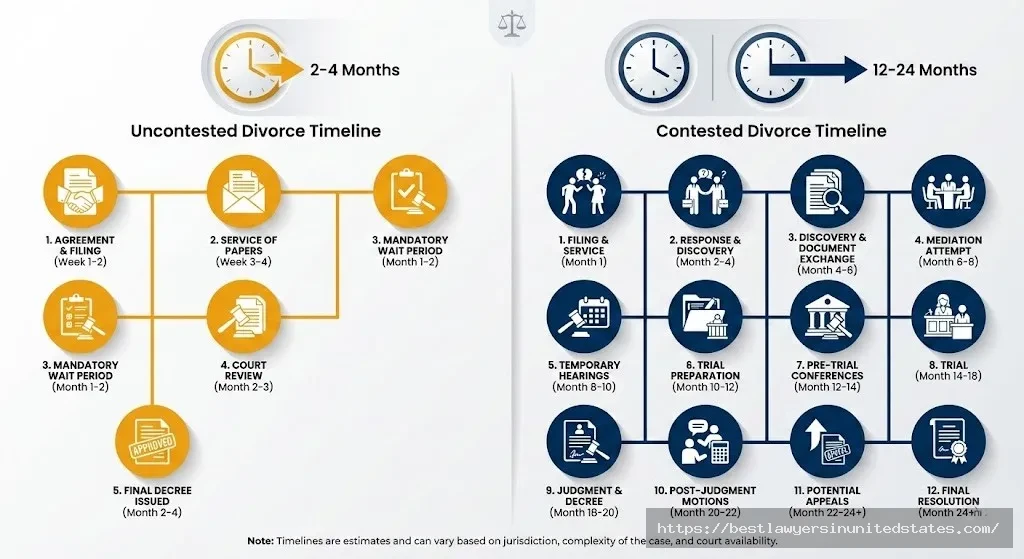 Timeline comparison showing uncontested Wyoming divorce takes 2-4 months versus contested divorce taking 12-24 months with detailed process steps