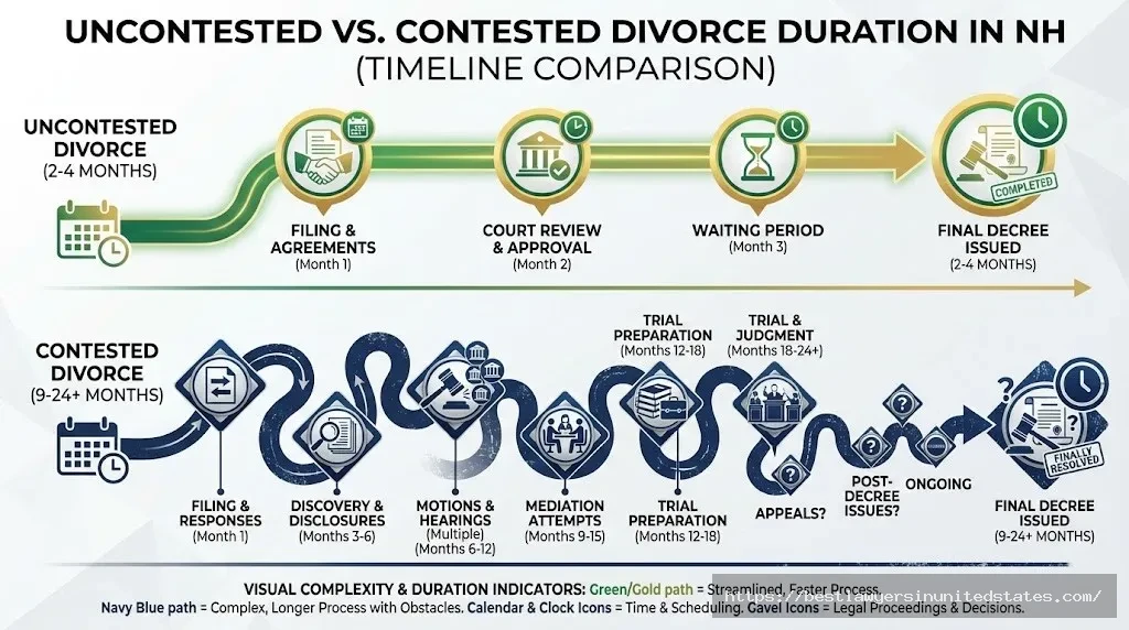 Timeline comparison showing uncontested divorce takes 2-4 months versus contested divorce taking 9-24+ months in NH