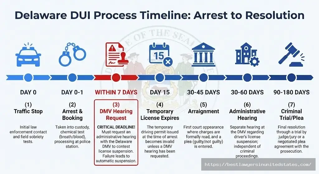 Timeline of Delaware DUI process from arrest through court showing critical 7-day deadline