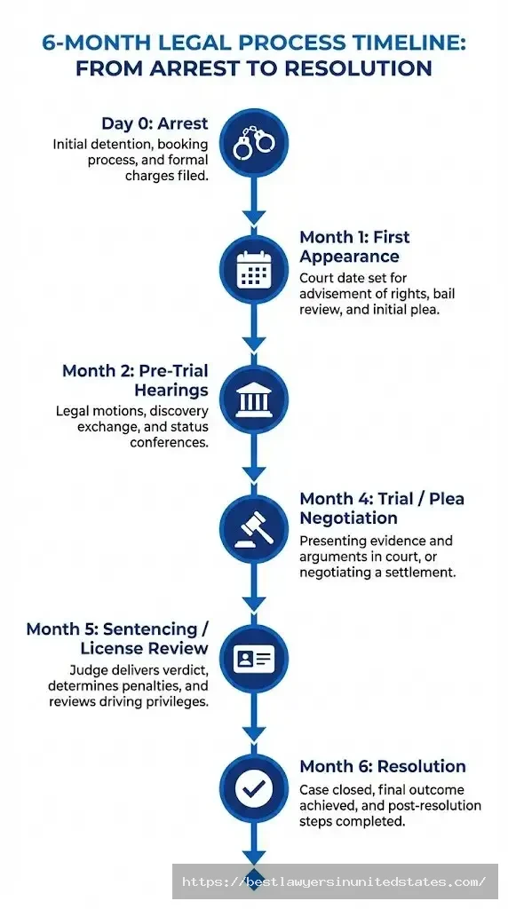 Timeline showing 6-month Arkansas DWI process from arrest through court resolution