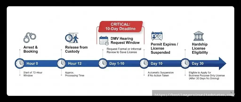 Timeline showing 72 hours after Florida DUI arrest with critical 10-day hearing deadline