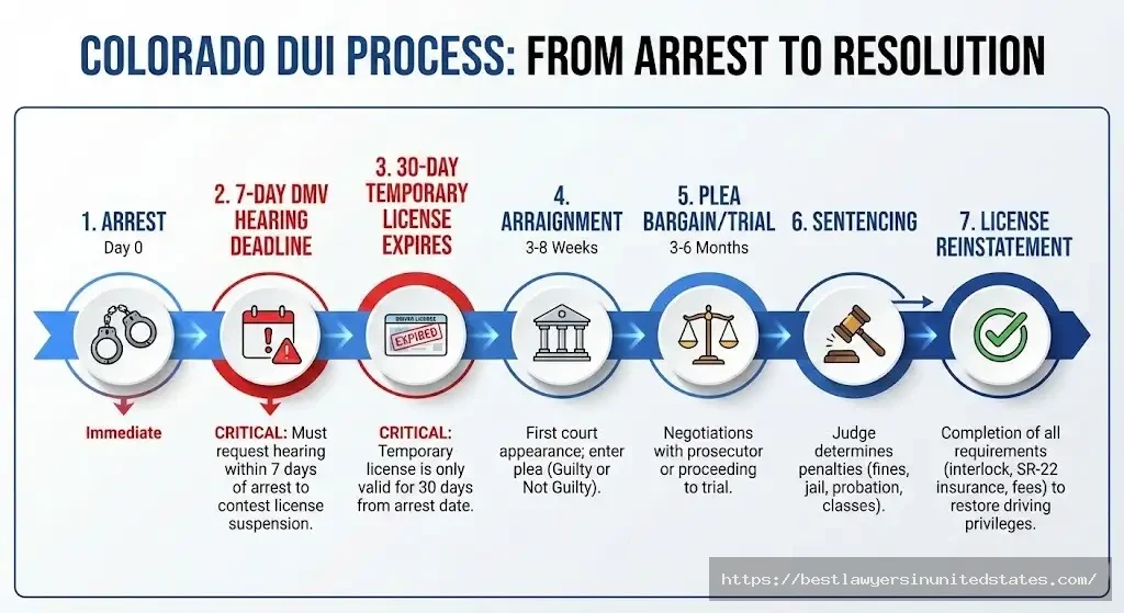 Timeline showing Colorado DUI process from arrest through sentencing including critical 7-day DMV deadline