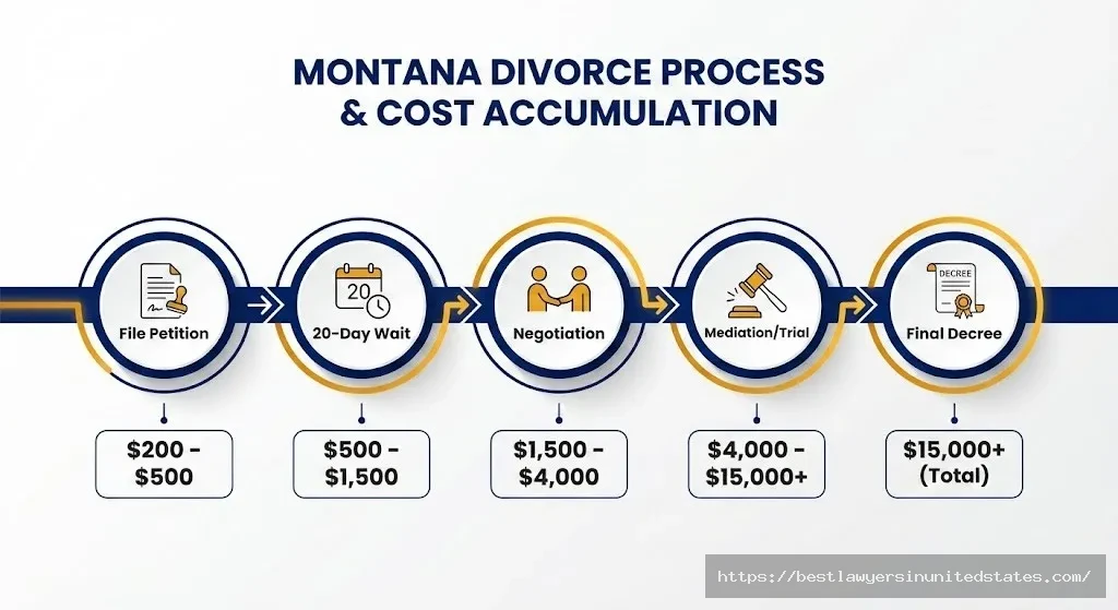 Timeline showing Montana divorce process from filing to final decree with associated costs at each stage