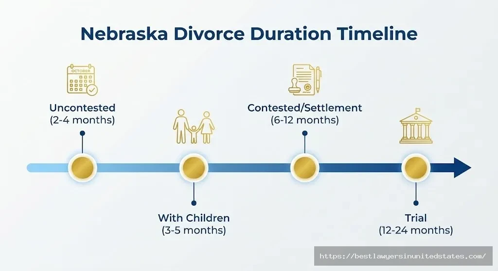 Timeline showing Nebraska divorce duration from 2-4 months for uncontested cases to 12-24 months for contested trials