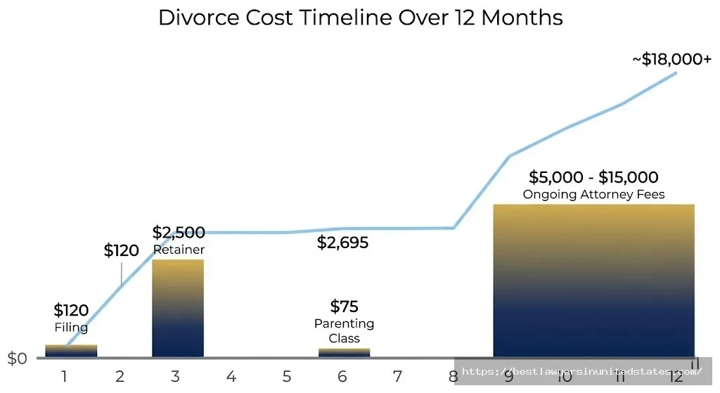 Timeline showing when Wyoming divorce costs occur from filing fee in month 1 through ongoing attorney fees and final costs over 12 months