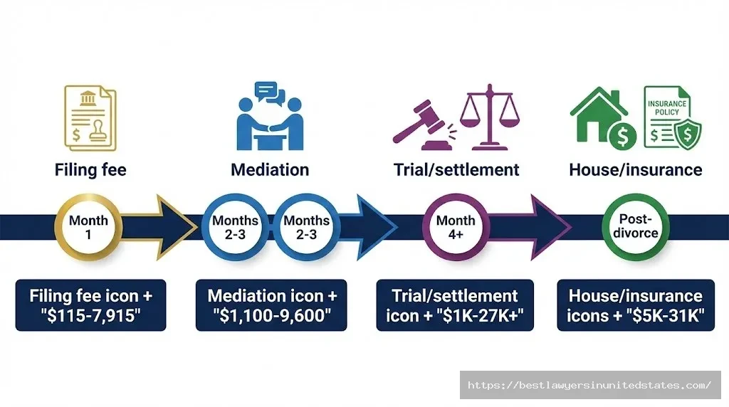 Timeline showing when divorce costs occur from filing through post-divorce expenses in South Dakota