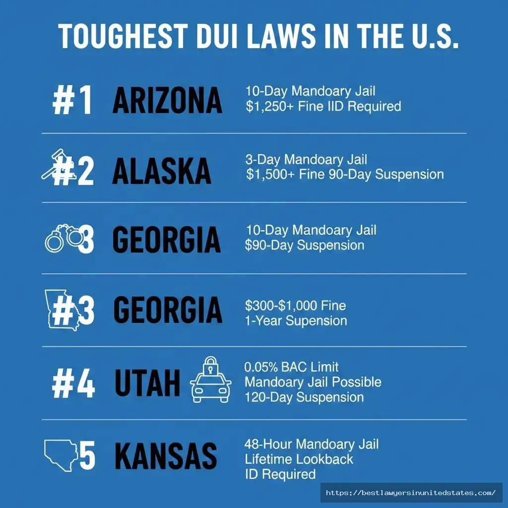Top 5 strictest DUI states 2026 Arizona Georgia Alaska Kansas Utah mandatory jail fines penalties