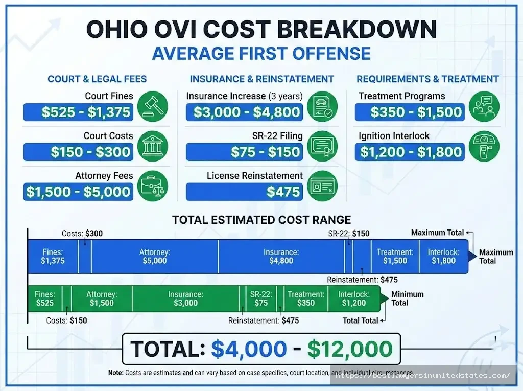 Total cost of Ohio OVI $4,000-$12,000 breakdown including fines, attorney fees, insurance, treatment programs