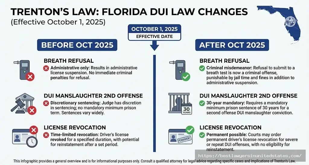 Trenton's Law Florida DUI changes comparing penalties before and after October 2025 effective date