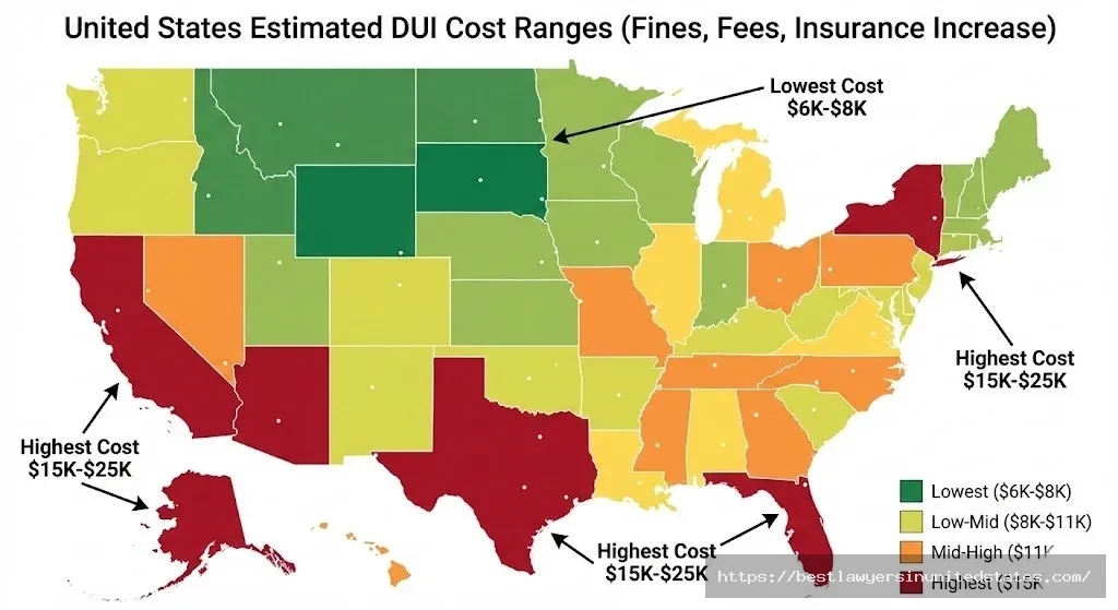 US map showing DUI costs by state with California and Massachusetts as most expensive