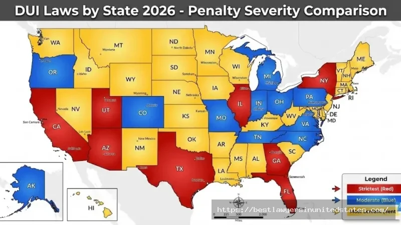 US map showing DUI law severity by state 2026 comparison penalties strictest lenient