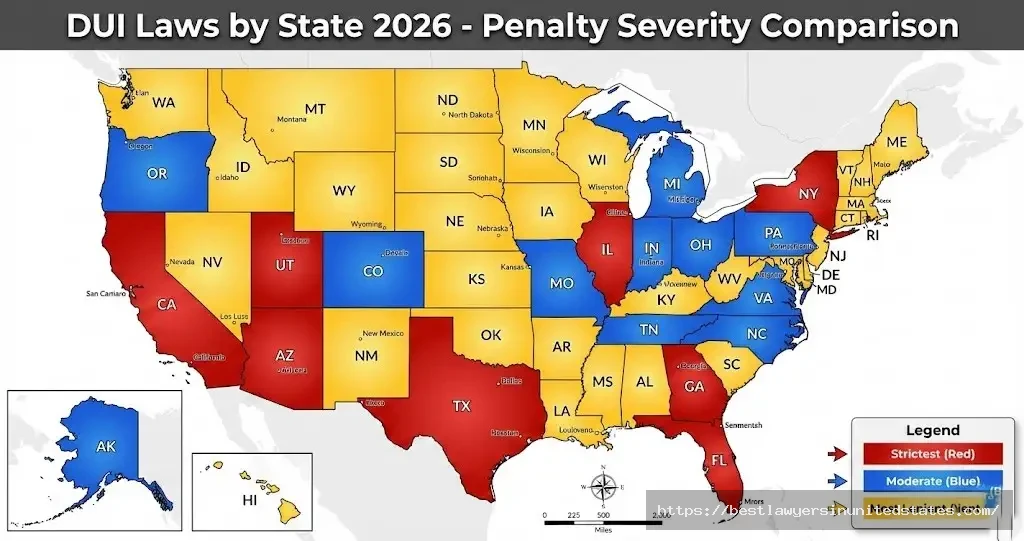 US map showing DUI law severity by state 2026 comparison penalties strictest lenient