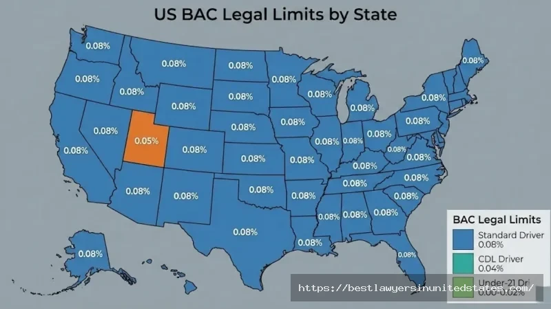 US map showing legal BAC limits by state with Utah's unique 0.05% limit highlighted
