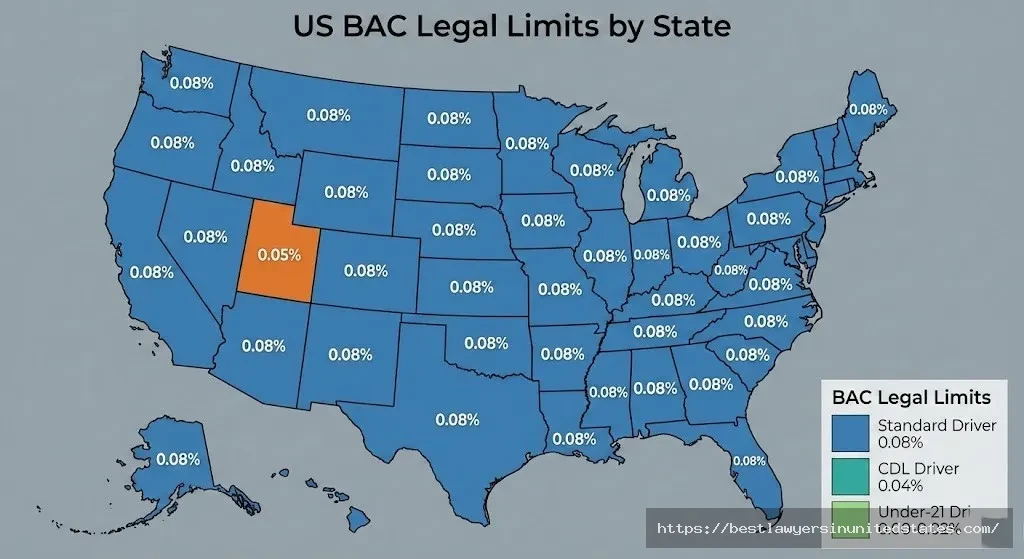 US map showing legal BAC limits by state with Utah's unique 0.05% limit highlighted