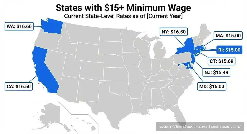 US states with $15 or higher minimum wage in 2026 including Rhode Island