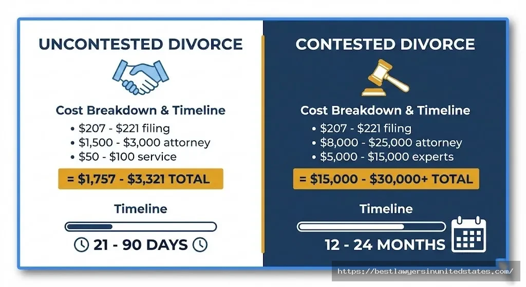 Uncontested divorce in Idaho costs $1,757-$3,321 in 21-90 days versus contested divorce $15,000-$30,000+ in 12-24 months