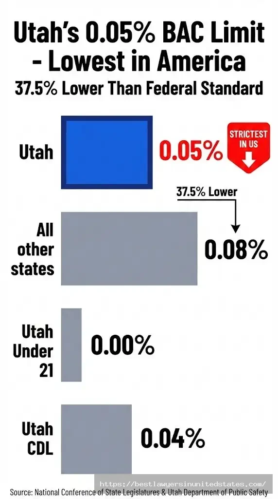 Utah 0.05% BAC limit comparison chart showing strictest DUI law in United States versus 0.08% federal standard
