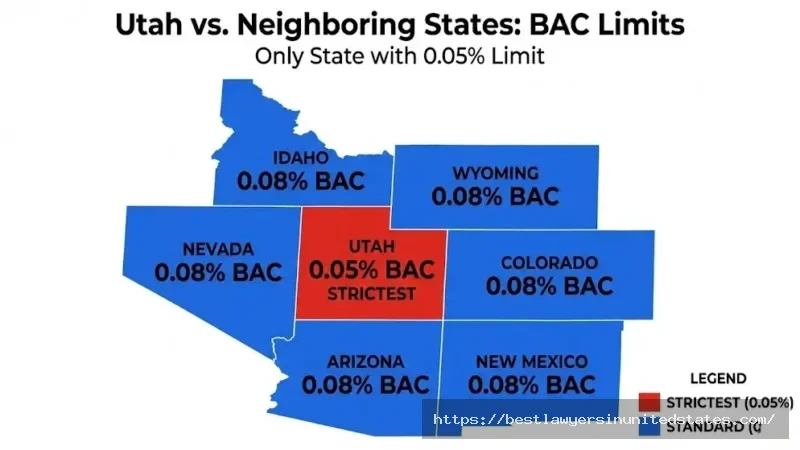 Utah 0.05% BAC limit map compared to neighboring states Nevada Arizona Colorado showing Utah strictest DUI law